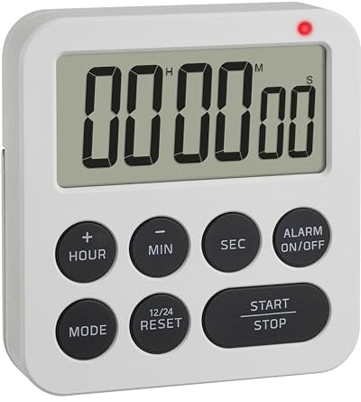 TFA Dostmann Digitaler Timer mit Stoppuhr und Wecker, 38.2051.02, bis 99h/59min/59s, Eieruhr, Küchentimer, Hausaufgabentimer, Kurzzeitwecker, mit LED Warnlicht und 2 Lautstufen, magnetisch, weiß
