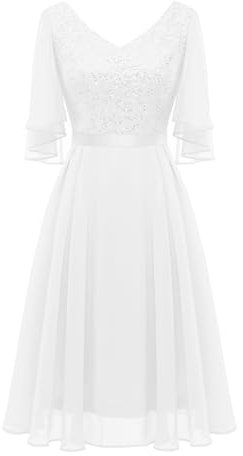 Dressystar Damen Hochzeitskleid A Linie Glitzer Kleid Damen Party Pailletten Schalärmel V-Ausschnitt Kurz Brautkleider Hochzeit Weiß L