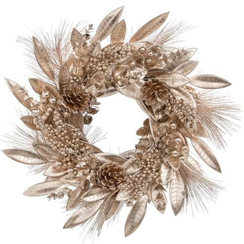 40CM Weihnachtskranz Champagner Künstlicher Türkranz mit Magnolienblättern Beeren Tannenzapfen Weihnachtsdeko für Winter Weihnachten Dekoration