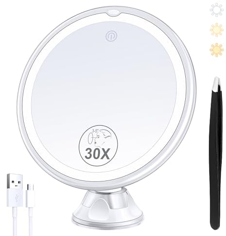 MIYADIVA Beleuchteter Makeup-Spiegel mit 30-facher Vergrößerung, 30X Vergrößerungsspiegel Saugnapf mit Licht, 3 Farben Modi und einstellbare Helligkeit, Saugnapf Spiegel für Vanity Mirror 1500mAh