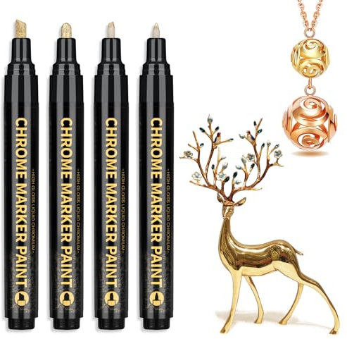 Nesayerk Chrome Gold Pens Metallic, 4 Size Tips Permanent Markers Mirror Paint, Waterproof Gloss Liquid Chrome Gold Pen for Christmas Resin Crafts, Model, Metal, Glass, Plastic Coloring, Painting