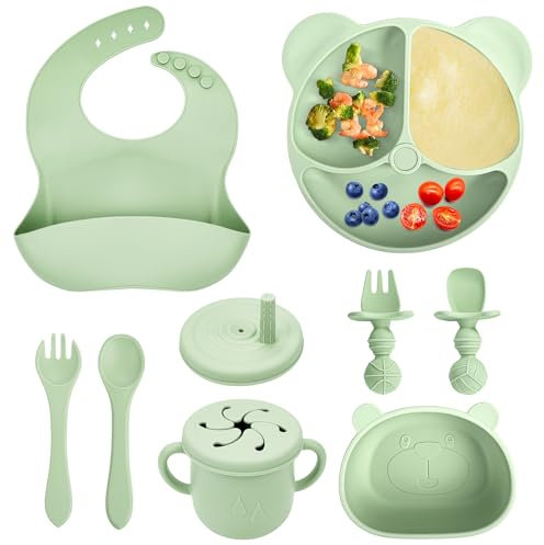 comeder Baby Weaning Set, 10 Pcs Silicone Baby Feeding Set, Baby Led Weaning Feeding Supplies for Toddlers, Baby Plates and Bowls Sets with Adjustable Bib, Food Plate Kit, Fork & Spoon (Green)