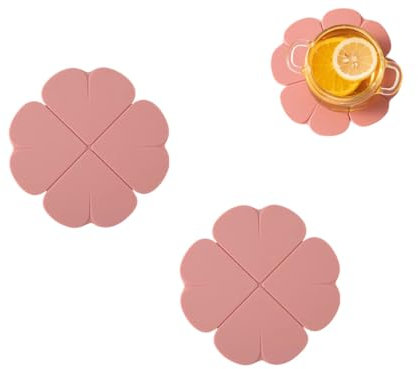 Lot de 2 Tapis en Silicone Trèfle à Quatre Feuilles - Dessous de Plat Anti-Dérapant - 15,8 cm - Multifonction pour Cuisine, Salle de Bain, Plantes (Rose)