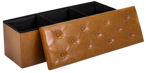 GLAXYFUR Storage Ottoman Bench, 43 Inches Folding Ottoman with 2 Dividers, PU Leather Foot Rest, End of Bed Bench, Storage Chest for Living Room, Bedroom and Entryway, Light Brown