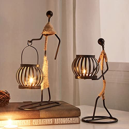 2Pcs Metal Candle Holders for Tables, Retro Black Iron Tea Light Candle Holders, Vintage Candlestick Stand Little Girl Shaped with Hemp Rope Decorative for Living Room Valentine Christmas (A+E)
