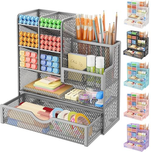 VITVITI Schreibtisch Organizer, 10 Fächer Stiftehalter mit Schublade, Netz Stifte Regal aus Metall, Stiftehalter Schreibtisch für Schule Heim Büro (Silber)