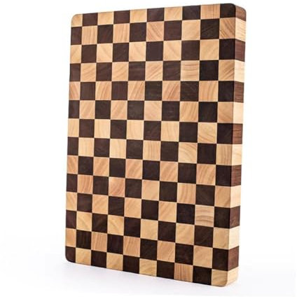 Planche à découper en bois avec motif damier pour viande et fruits 42 x 30 x 2,5 cm