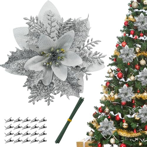 Bacucine 24PCS Poinsettia Flower Glitter Artificial Christmas Flowers with Clips Stems Poinsettias Christmas Decorations for Home Christmas Tree Decorations Party Wreath Christmas Decor (Silver)