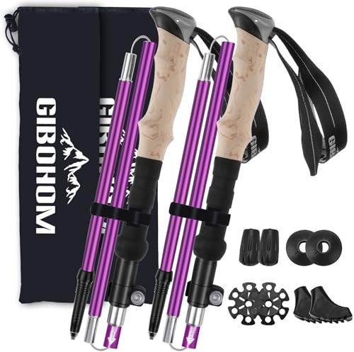 GIBOHOM Bâtons de Randonnée en Aluminium 2 PCS, Baton de Marche Nordique Pliable Télescopique Antichoc Antidérapant 105-125 CM, Baton de Randonnée avec 4 Paires de Tampons Caoutchouc pour Trekking