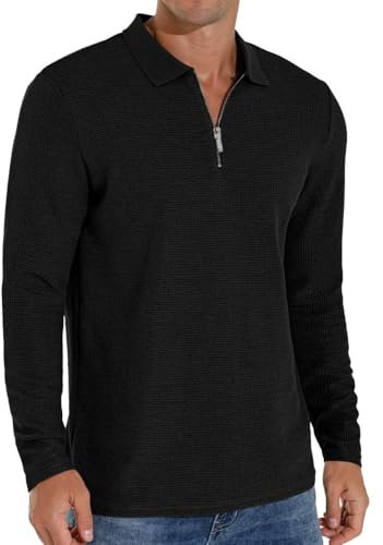 Sailwind Polo Shirts for Men Waffle Long Sleeve Tops Quarter Zip Polo Shirts Casual Men's T-Shirts (Black, XL)