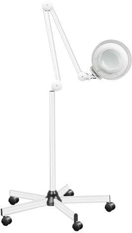 LED Lupenleuchte, 125mm 5 Dioptrien Lupe mit Licht, Standlupe mit 360° Drehbare Räder, Lupenlampe für Kosmetik, Bastler, Lesehilfe Vergrößerungslampe, 24W (Weiß)