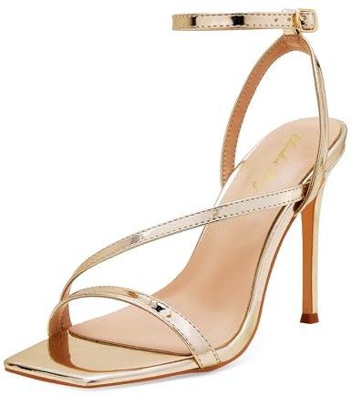 Zhabtuc sandali donna tacco alto, design quadrato, punta aperta, cinturino comodo, tacco a stiletto 10 cm, perfetti per feste e uso quotidiano, Oro, 39 EU