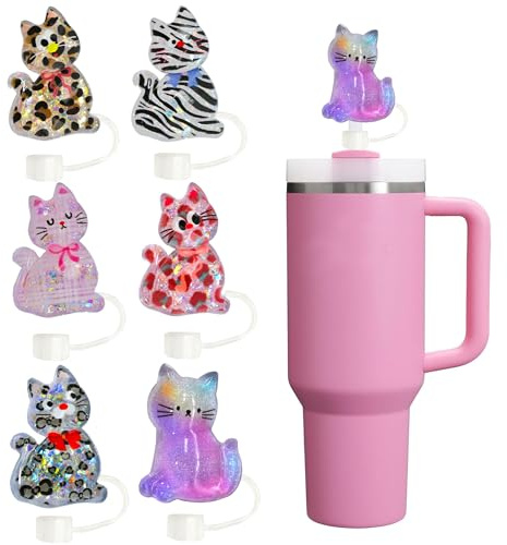6pcs Cat Straw Covers Cap for Stanley Cup,Glitter Straw Topper Compatible with 30&40oz Tumbler with Handle,10mm 0.4in Dust-Proof Reusable Tips Lids Tumbler Accessories