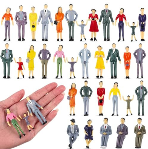 30 Stück Mini Person Figurine 1:30, Modellbau Figuren, Bemalte Sitzende, Miniatur Kunststoff Personen, Mini Menschen Figuren für Miniaturszenen, Zug, Eisenbahn, Sandtisch, Maßstab