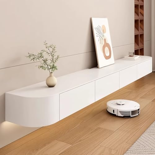 Kroscro Floating Tv Unit Wood Tv Stand Cabinet Multifunctional Tv Stand with Storage Tv Cabinet for Living Room Applies to Media Wall Unit for living room or bedroom (White,300cm/118.1in)