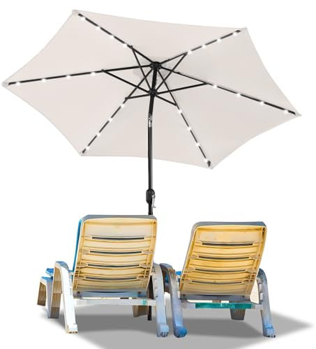 Ollewiellan Sonnenschirm LED Solar Ø 270 cm mit Kurbel, Ampelschirm beidseitig um 30° knickbar, UV Schutz 50+ Strandschirm, Sonnenschutz, Gartenschirm für Terrasse, Balkon, ohne Ständer, Beige
