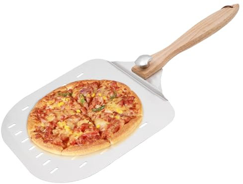 Pelle à pizza en aluminium - En acier inoxydable perforée - Poignée en bois amovible - Grande pelle à pizza de 30 cm - Pour la cuisson de pizzas faites à la main, de pain