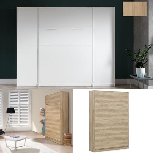 QMM TraumMoebel Schrankbett Wandbett Wandklappbett vertikal VB 140x200 mit Lattenrost und 2 Schränken weiß, Eiche Sonoma Lancelot schwarz Schlafzimmer Set neu (Eiche Sonoma)