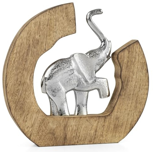 Moritz Dekofigur Elefant Silber Aluminium in Hufeisen Mangoholz-Rahmen ca. 24 x 3,5 x 23 cm Moderne Tierfigur Glücksbringer Wohnaccessoire Tischdeko Afrika-Stil Dekofigur