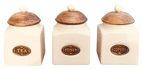 Fyne-Finds Set of 3 Ceramic Coffee Tea Sugar Jar with Wooden Lids Kitchen Table Storage Canister Airtight Jars