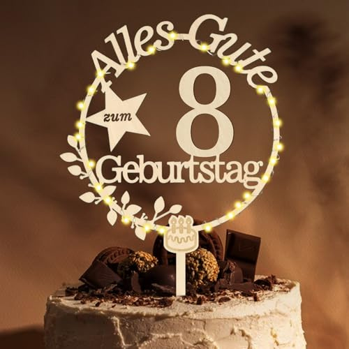 Giftota Cake Topper 8. Geburtstag Deko Junge Mädchen mit LED Lichterkette | Tortendeko 8. Geburtstag, Kuchen Deko für 8 Jahre Junge Mädchen