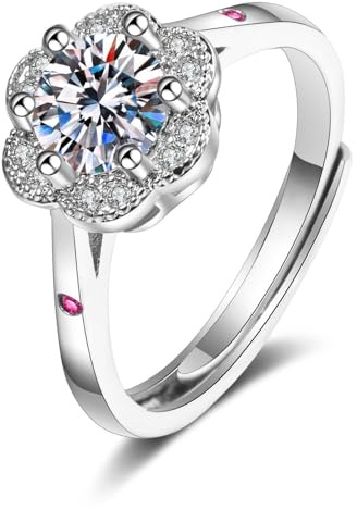 KnBoB Modeschmuck Ring Damen 9 Karat Weiß Gold Blume Verstellbar Rund Labor Diamant mit Rubin Eheringe Hochzeit Gr.65 (20.7)