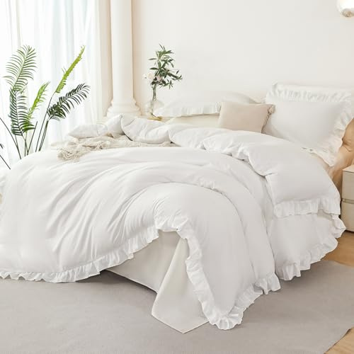 STYHO White Duvet Covers Double Size 3 Pieces Aesthetic Ruffle Design Comforter Cover with Pillowcase Soft Luxury Farmhouse Plain Frills Bedding Quilt Cover Set with Zipper Closure, 200x200cm