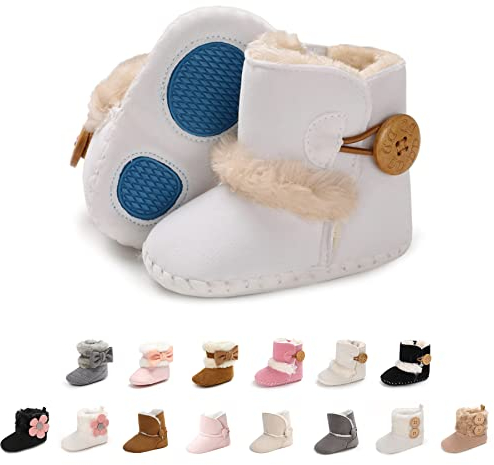 Bébé Bottillons avec Bouton Conception Doux Bas Antidérapant Unique Bambin Neige Bottes L'hiver Chaud des Chaussures (6-12 mois, Blanc)