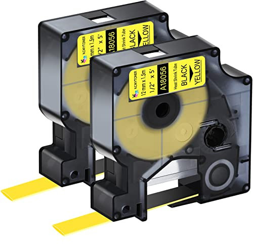 KCMYTONER 2 Pack Compatible for Dymo Heat Shrink Tube Label 18056 12mm 1/2 inch Black on Yellow Tape for Cables Wires use in Rhino 4200 5200 5000 6000 Industrial Label Maker
