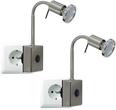 Trango 2er Pack 2607/2 LED Steckerleuchte *SKY* Nachtlicht in Edelstahl-Look incl. 1x 3000K warmweiß LED Leuchtmittel & ON/OFF Schalter Wandlampe Küchen Steckerlampe