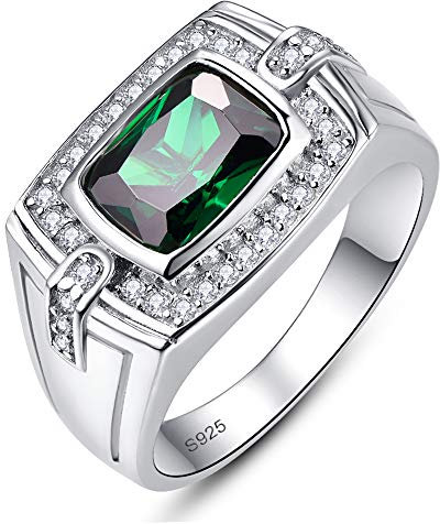 BONLAVIE chevalière mai pierre de naissance simulée émeraude verte bague plaqué rhodium bandes de mariage en argent massif pour hommes cadeau Saint Valentin