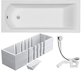 VBChome Badewanne 180x80 cm Acryl SET 3in1 Wannenträger Siphon Wanne Rechteck Weiß Design Modern Styroporträger Ablaufgarnitur in Chrom Viega Simplex