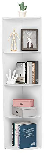 Ejoyous Eckregal Weiß Stehend 4 Ebenen Eckbücherregal aus Holz Küche Eckregal Wohnzimmer Möbel Wandeckregale Multifunktional Eckschrank für Schlafzimmer Büro Arbeitszimmer Badezimmer