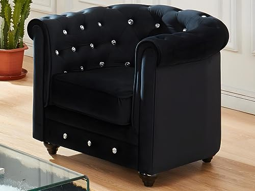 Sessel Chesterfield, Velours, mit Kristallen, Schwarz