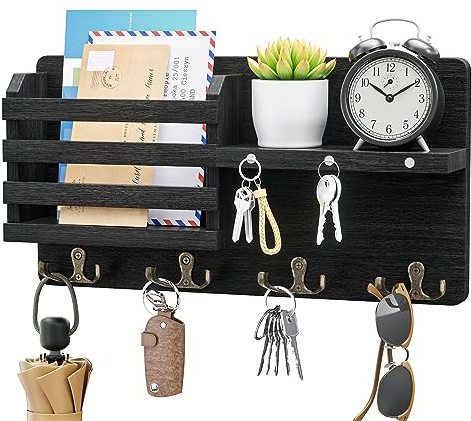 SWTYMIKI Schlüsselbrett mit Magnet Hängend - Schlüsselhalter Holz mit 4 Doppel Schlüsselhaken, Dekorative Schlüsselkasten mit Ablage Holz für Eingang, Mudroom, Flur, Schlafzimmer, Wohnzimmer, Schwarz