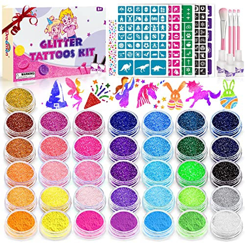 Dreamon Glitter Tattoos for Kids, Kids Temporary Tattoo for Girls Boys, 36 Colours Glitter Tattoo Kit, Gifts for Birthday Party Cosplay Christmas, 207 Stencils 4 Brushes 3 Glue (6 Fluorescence)