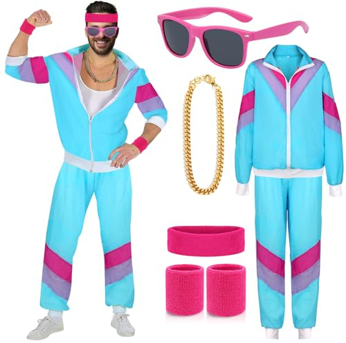 90er 80er Jahre Outfit Herren Mottoparty Neon Kostüm 80er Jahre Trainingsanzug Jacke Hose Anzug Accessoire 80er Jahre Kleidung Herren Partner Karneval Kostüm Bad Taste Party Kostüme 80iger XXL