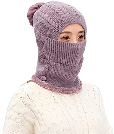 Damen Strickmütze Schlupfmütze Ohrenschutz Fliegermütze Winter Warme Skimütze Schalmütze Sturmhaube Wintermütze mit Bommel Frauen Bommelmütze für Outdoor Radfahren Skifahren (Einheitsgröße,Lila)