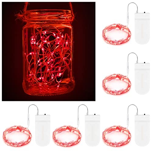 BROTOU LED String Lights, 2M 20 LED Battery Operated Fairy Lights, Waterproof Silver Plated Copper Wire Lights for in/Outdoor Decor, Christmas, Halloween, Valentine, Birthday (Red, 5 Pack)