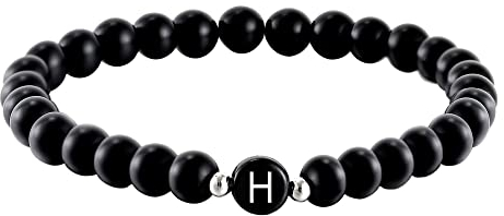 Kim Johanson Partner Perlenarmband mit Buchstabe aus Onyx Stein für Pärchen I Naturstein Freundschaftsarmband in Schwarz I Geschenk für Paare mit Gravur I Für Frauen und Männer inkl. Schmuckbeutel (H)