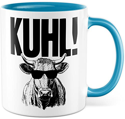 KUHL Tasse mit Spruch witzige Kaffeetasse mit Kuh Motiv Humor Geschenk Geschenkidee Kollegen Büro Kaffee-Becher lustig Freundin Kühe Sonnen Brille Cool Wortwitz Schreibfehler (Weiß/Blau)