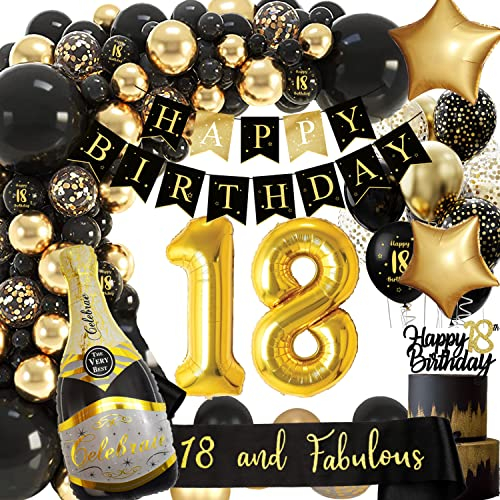 Decoration Anniversaire 18 ans Garcon Fille, Ballon 18 ans Anniversaire de Fête en Noir Or, Bannière Joyeux , Deco Ballon18 pour Arche Ballon 18 Décorations