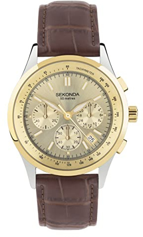 Sekonda Racer Mens Analogue Watch 42mm Two Tone Leather Strap | 50 Metres Water Resistance, chronograph with date display, mineral glass crystal, sunray dial, tachymeter bezel
