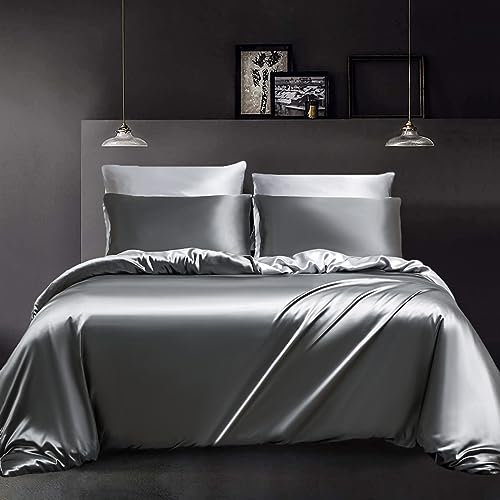 YASMENG Satin Bettwäsche 155x220 Dunkelgrau Hellgrau Wendebettwäsche Luxus Seide Bettwäsche 3 Teiling Weich Glatt Glänzend Seidig Bettwäsche Satin mit Reißverschluss und 2 Kissenbezüge 80×80 cm