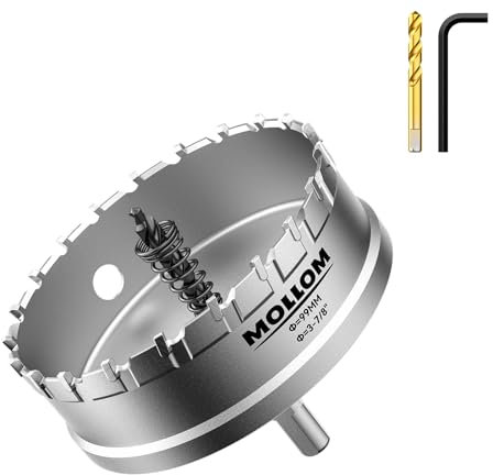 Mollom (99mm | 3-7/8) Scie cloche en carbure pour usage intensif avec 2 forets pilotes, coupe l'acier inoxydable, l'acier doux, le fer, le cuivre, le laiton et le plastique