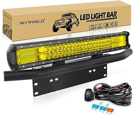 SKYWORLD 23 inch 324W Tri-Row Led Light Bar with License Number Plate Mounting Bracket Holder, 12V Rocker Wiring Harness Kit for Auto Off Road Truck Car ATV SUV 4x4, 3000K Yellow Driving Work Lamp