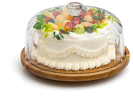Grehge ke Stand Acrylic Lid, Bread Container and can be rotated Wooden Base with Dome ，Cake Display Server Tray for Birthday， Kitchen ，Party ，Baking Gifts(12 Inch)