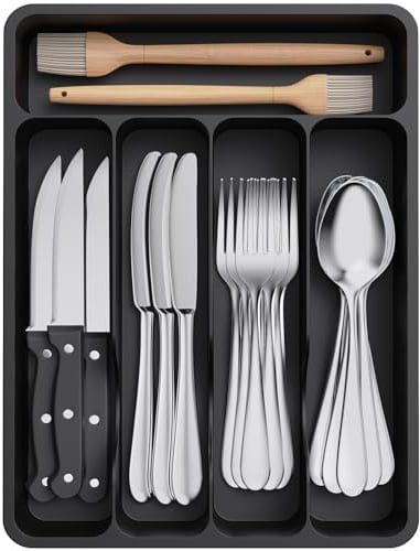 Lifewit Range Couverts pour Tiroir, Organisateur Couverts Tiroir Cuisine Rangement Ustensiles Bac de Rangement Couvert pour Cuillères Fourchettes Couteaux Vaisselle, 5 Compartiments, Noir