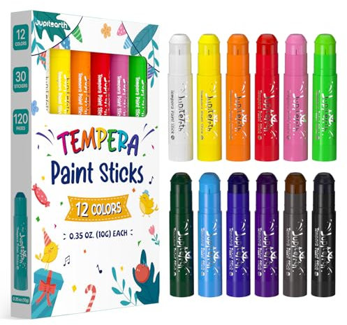 JUPITEARTH 12 Colours Tempera Paint Sticks for Kids, Washable and Quick Drying, Includes 120 Printable Colouring Pages and 30 Reward Stickers, Non-Toxic Art Supplies for Drawing and Creative Crafts