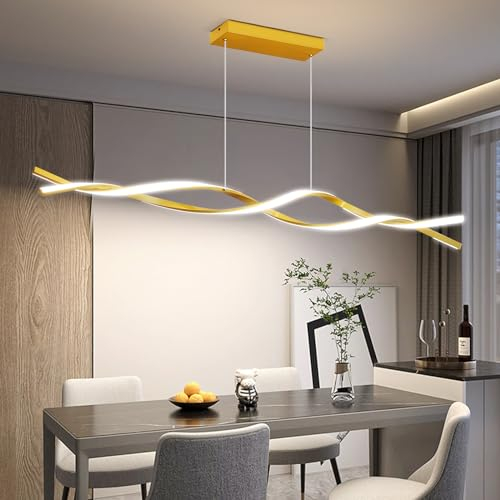 Mikeru 150cm Wave Pendelleuchte, Gold Lineare LED Pendelleuchten 3000k/4500k/6500k Wave Insel Licht 10% Bis 100% Dimmbare Höhenverstellbare Hängelampe Mit Memory-Funktion für Die Kücheninsel